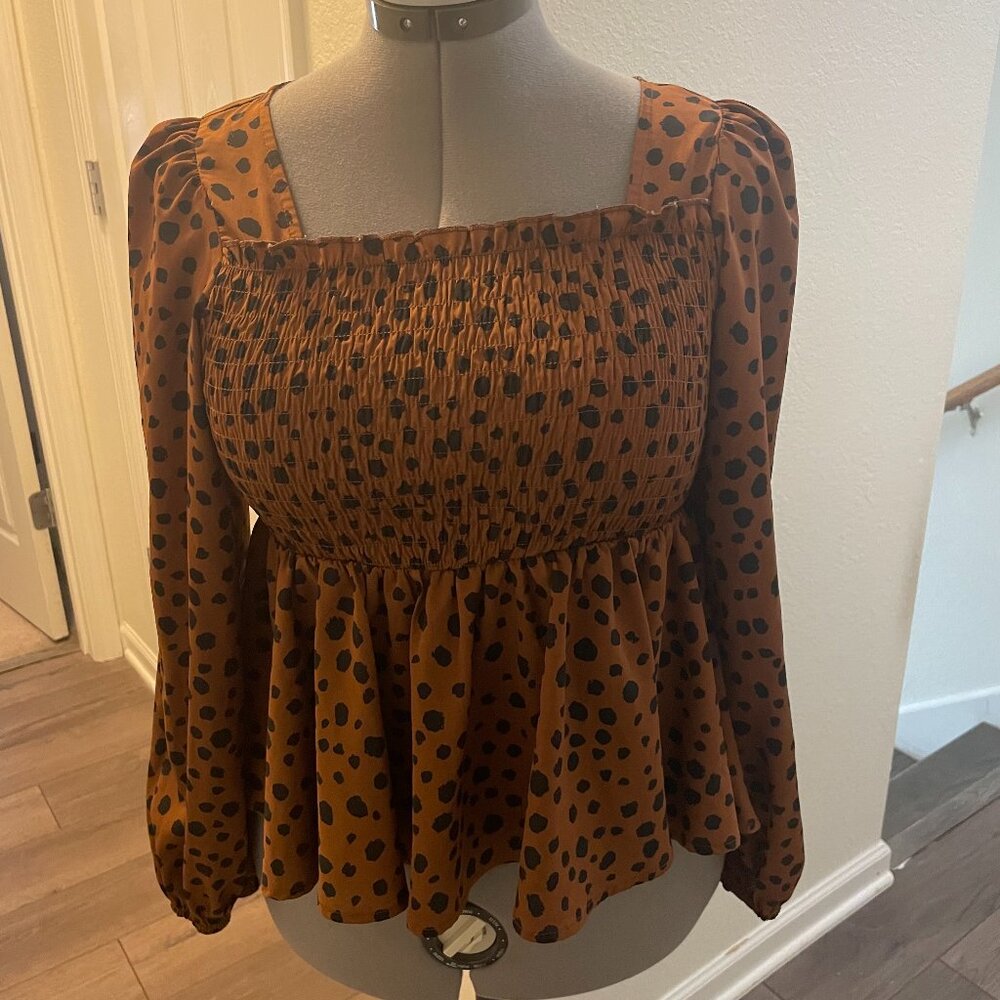 Shein brown blouse size M, with ruffles and black polka dot prints